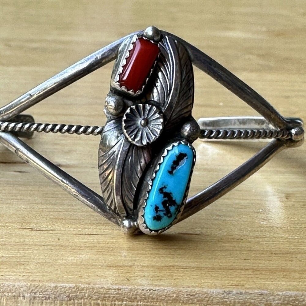 Navajo Johnny Pitchlynn Cuff Bracelet Size 6.25 Turquoise Coral‎ Sterling 12.8g